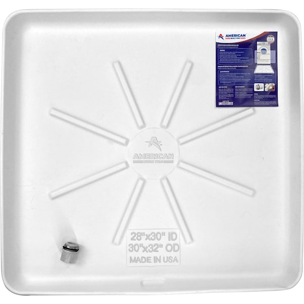 American Built Pro Washing Machine Pan, 30 in x 28 in Durable HDPE Plastic, White, Undrilled w Drain Hose Adapter WMSP-1Und - main